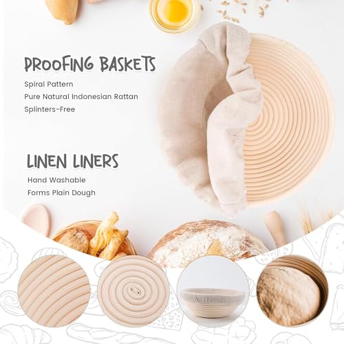 DOYOLLA Bread Proofing Baskets Set of 2 8.5 inch Round Dough Proofing Bowls w/Liners Perfect for Home Sourdough Bakers Baking