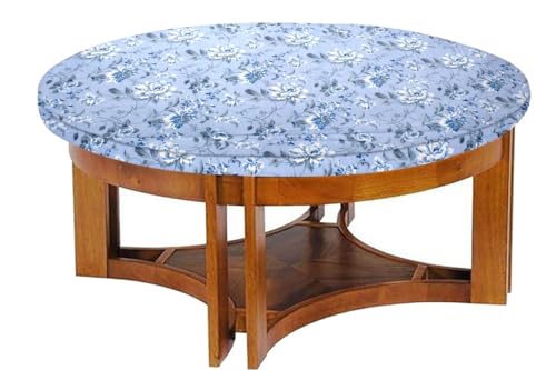 Image of The Furnishing Tree Elastic Cotton Round Center Table Cover 18x18 in Inches Floral White Rose on Blue Base