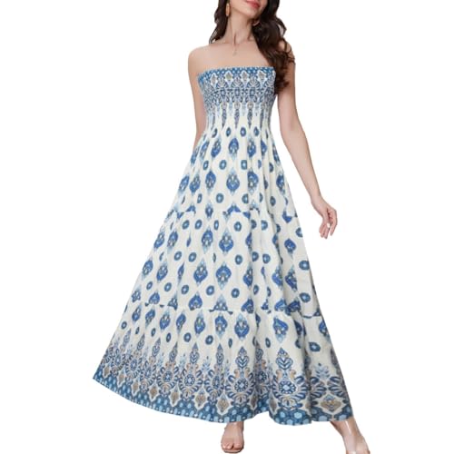 Image of Women's Summer Strapless Tube Top Maxi Dresses Off Shoulder Boho Beach Long Dress