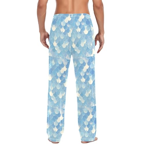 Men's Blue Mermaid Scales Pajama Pants with Pockets - Straight Fit Cotton Sleep Bottoms for Lounge & Nightwear#6913