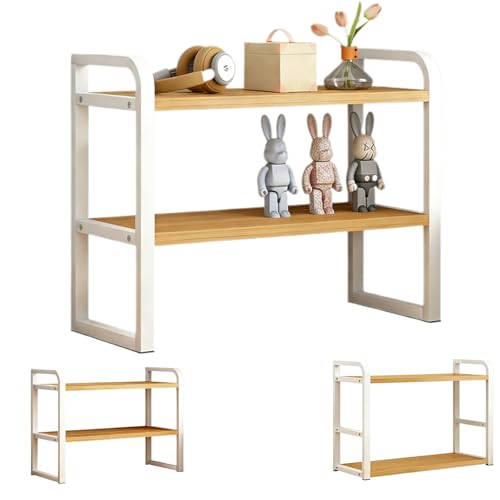 Ulluthu Estantería Pequeña para Escritorio 2 Niveles | Madera de Nogal y Acero | Altura Regulable para Máximo Espacio Oficina, Cocina, Hogar | Incluye Herramientas