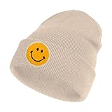 lycycse Womens Beanies for Winter Knit Smile Face Beanie Hat Embroidered Cuffed Slouchy Beanies for Women Beige