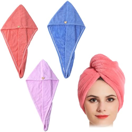 3 Piezas Toallas para Secar El Pelo, Toalla Microfibra Pelo, Gorro de Pelo Seco para Mujeres, Cabello Turbante de Secado rápido Coral Fleece, Superabsorbente para Cabello Largo, Rizado y Grueso