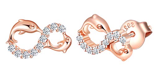 INFINIONLY Boucles d'oreilles pour femmes filles, ensembles de bijoux en argent 925, symbole de l'infini et dauphin mignon, zircon incrusté, or rose, Cadeau de Noël et d'anniversaire
