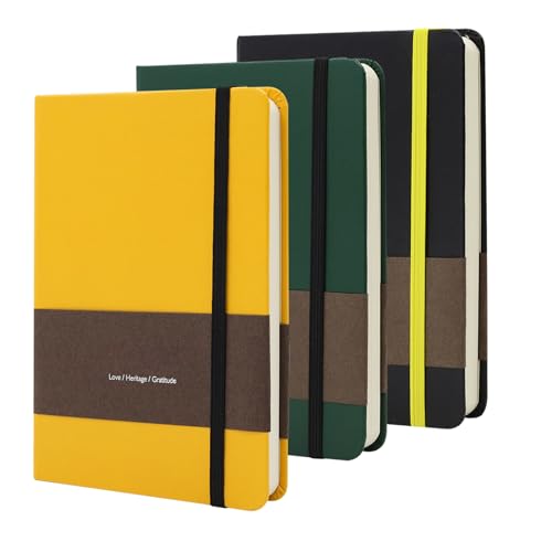 TUNJILOOL 3er Set A6 Notizbuch - Schwarz/Gelb/Grün, Leder, 192 Seiten, Gummiband & Tasche