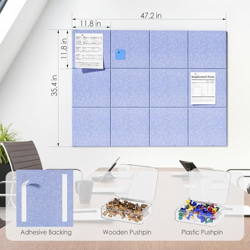 Image of MaxGear Felt Bulletin Board 48 inch x 36 inch, Light Blue Felt Wall Tile Wall Decor