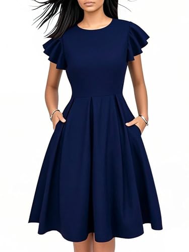 Image of oxiuly Women's Flounce Sleeve Wedding Church Vintage Dresses Casual Floral Party Cocktail Work Dress with Pockets Fei376