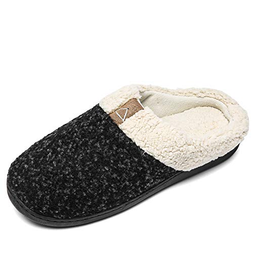 Womens Memory Foam House Slippers Plush Fleece Indoor Outdoor Slippers (Black,L)