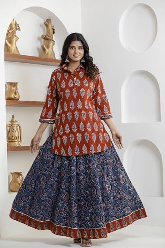 Image of KANNAHI Women Pure Cotton Blue and Rust Ethnic Motif Ajrakh Handblock Printed Kurta Set