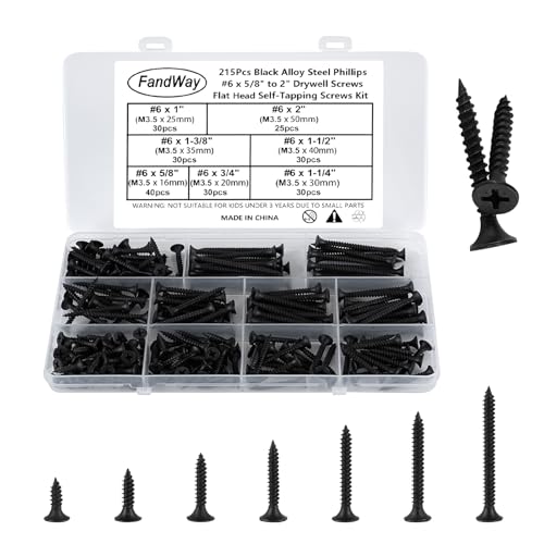 FandWay 215Pcs Drywall Screws Set,M4.2 Wood Screws Black,Flat Head Self Tapping Screw,Countersunk Head Self Drilling Sheet Metal Screw Phillips Drive for Soft Steel/Aluminum/Wood/Plastics.