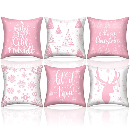 VitalCozy 6 Pcs 18 x 18 inch Christmas Throw Pillow Covers Xmas Cushion Covers Pillow Cases Snowflake Winter Throw Pillow Covers Christmas Decor for Bedroom Sofa Couch Cushion Square Home (Pink) by VitalCozy - Used condition - US$6.22