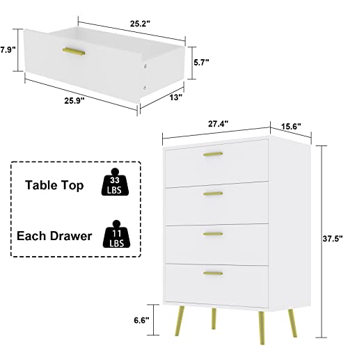 Homsee Modern Dresser Storage Chest with 4 Drawers, Wood Dresser Chest with Gold Metal Legs and Handles for Bedroom, Living Room & Hallway, White (27.4”L x 15.6”W x 37.5”H) - Thumbnail 2