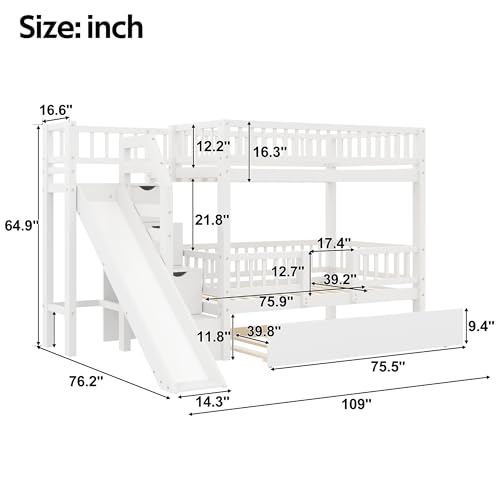 Image of Twin over Twin Bunk Bed with Storage Staircase,Slide and Trundle,White