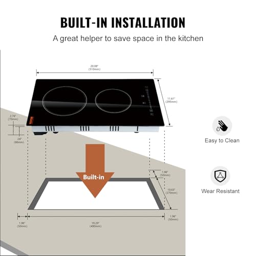 Image of VEVOR Built in Electric Stove Top, 12inch 2 Burners, Glass Radiant Cooktop with 9 Power Levels, Sensor Touch Control, Timer & Child Lock, for Simmer Steam Slow Cook Fry, 240V