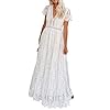 BLENCOT Womens Casual Floral Lace Deep V Neck Short Sleeve Long Evening Dress Cocktail Party Maxi Wedding Dresses Bohemian Flowy Boho Dress White Medium
