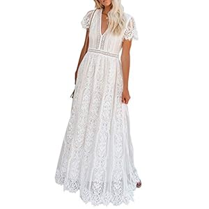 BLENCOT-Womens-Casual-Boho-Floral-Lace-V-Neck-Long-Evening-Dress-Cocktail-Party-Maxi-Wedding-Dresses BLENCOT Womens Casual Floral Lace Deep V Neck Short Sleeve Long Evening Dress Cocktail Party Maxi Wedding Dresses Bohemian Flowy Boho Dress White Medium