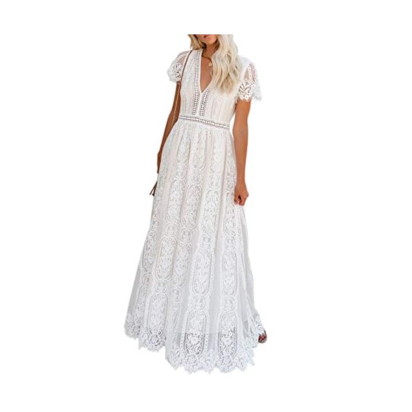 BLENCOT Womens Casual Floral Lace Deep V Neck Short Sleeve Long Evening Dress Cocktail Party Maxi Wedding Dresses Bohemian Flowy Boho Dress White Medium