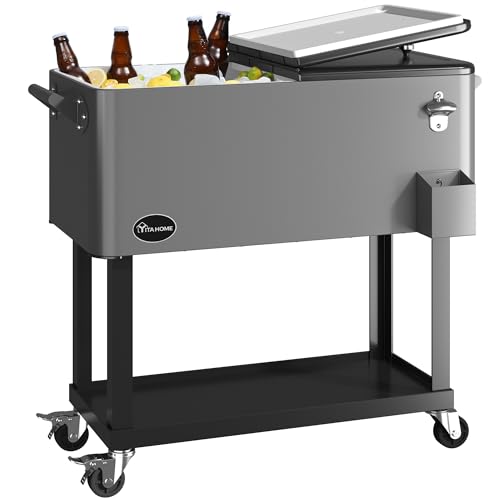 Image of YITAHOME 80 Quart Rolling Cooler Cart with Bottle Opener Drainage, Portable Wicker Patio Cooler Rolling on Wheels, Outdoor Beverage Cart Rolling Drink Cooler for Patio Pool Deck Party Cookouts