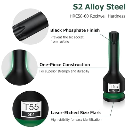 Image of JiGiU 10PCS 1 /2 inch Drive Impact Torx Bit Socket Set S2 Steel Star Sockets | Star Bit Socket T25, T27, T30, T40, T45, T50, T55, T60, T70, T80 with Storage Case for Professional Mechanic and Auto Repair