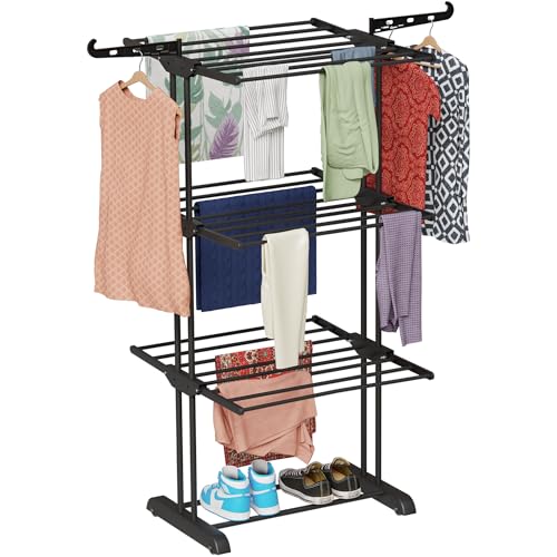 Image of TEX-RO Metal Clothes Drying Stand Foldable with Wheels - 3-Tier Cloth Dryer Stand for Balcony, Bedroom & Indoor Outdoor | Heavy Duty Hanger Stand for Clothes Hanging, Dress Drying Rack - Black