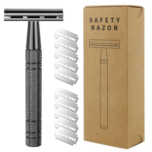 Defsedar Safety Razor Single Blade Razors for Men with 10 Stainless Steel Double Edge Blades Reusable Metal Blade Razor Smooth and Close Shave Sustainable Plastic Free-Gun Black