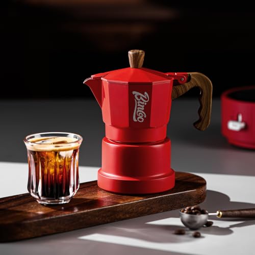 Image of Bincoo Three-valve Espresso Maker Stovetop,2 Cups Camping Moka Pot Espresso Italian Coffee Maker,Rich Crema,Easy to Use (Red)