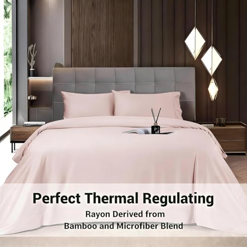 Image of Shilucheng 4 Piece Queen Sheet Sets, Cooling Sheets, Blend Rayon Derived from Bamboo, Deep Pocket Up to 16 inch, Breathable & Soft Bed Sheets, Hotel Silky Bedding Set, Light Pink