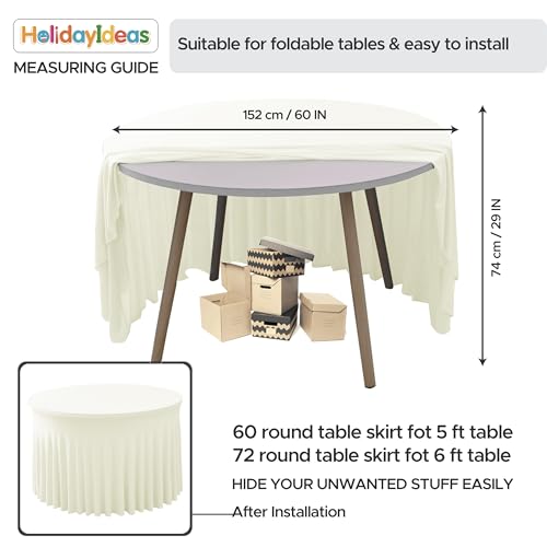 Image of HolidayIdeas 60 Inch Beige Spandex Round Table Skirts,Fitted Stretch Tablecloths for Round 5 ft Table, Wrinkle-Free Ruffle Design Tablecloths for Banquets,Wedding,Trade Shows, Parties, Events, 6 Pcs
