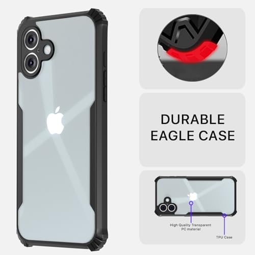 Image of Pikkme Crystal Clear Transparent Back | Ultra Hyrbid | Full Camera Protection | Raised Edge | Bumper Back Case for iPhone 16 (Black)