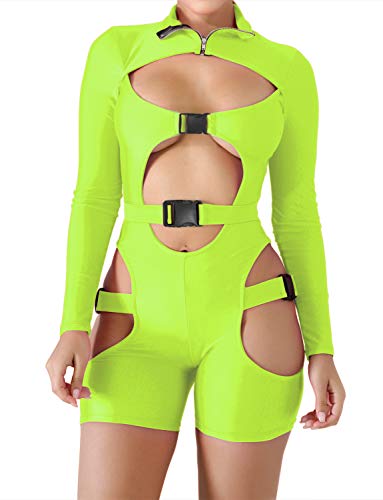 VWIWV Women's Bodycon Buckle High Neck Jumpsuit Long Sleeves Sexy Hollowing Out Romper Green