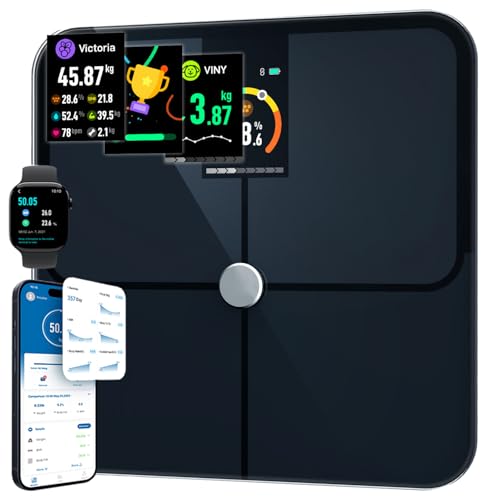 Balanza Pesa Persona, Balanza Conectada Bluetooth 22 Datos Con Pantalla TFT a Color y Tecnología ITO Sincronización App iOS & Android, Max. 180 kg