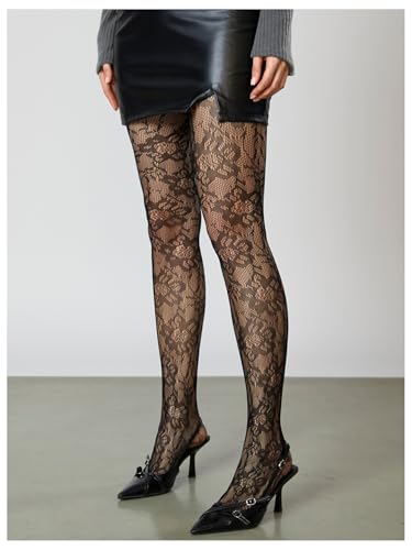 Image of RoseSeek Women's Floral Lace Fishnet Tights Kawaii Y2K See Through Stocking | Sheer Mesh, Lace Tights, Floral Lace Fishnet Tights, Thigh Highs, Leggings, Y2K Stockings