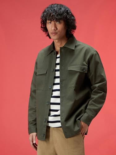 Image of Veirdo Regular Fit Solid Collared Full Sleeves Twill Lycra Material Full Sleeve Casual Winter Shacket For Men (Available Colors: Olive, Navy & Black)