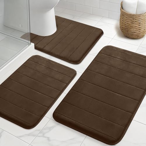 NAKIHOUSE Lot de 3 tapis de bain en mousse à mémoire de forme, antidérapants et absorbants, lavables, doux et à séchage rapide, tapis de salle de bain pour douche, WC et baignoire, café