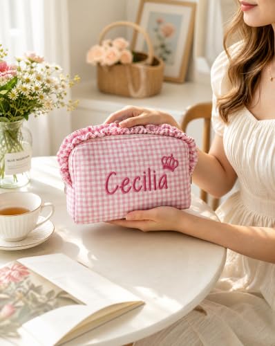 campaign:KEQHAULI Custom Product Collection-10% Campaign lD: 1F88SLQEM8D3U Product name: KEQHAULI Custom Embroidered Ruffled Plaid Makeup Bag, Personalized Name Cosmetic Pouch, Ruffle-Trimmed Travel Toiletry Bag - image 4