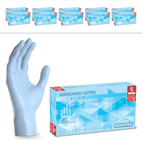 1000 Stück ARNOMED Einweghandschuhe Hellblau, Einmalhandschuhe S, Nitril Handschuhe Einweg, Nitrilhandschuhe puderfrei, Gummihandschuhe Einweg, Schutzhandschuhe, Handschuhe Nitril in XS, S, M, L, XL