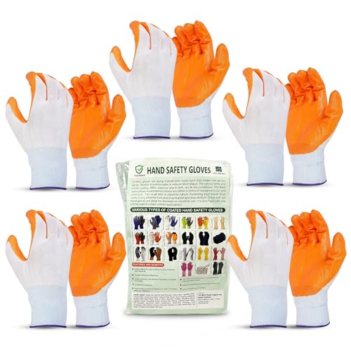 Image of Multipurpose Nylon Anti Cut PU Nitrile Coating Work Safety Gloves, Hand & Fingers, Gardening, Mechanical, Construction, Agriculture & Automotive - Durable & Comfortable (ORNAGEWHITE-5PAIR)