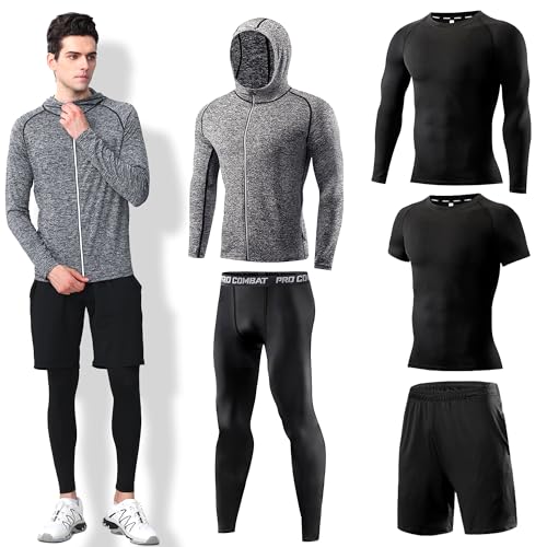 Mens 5Pcs Quick Dry Compression Sets Tops Accessories Clothes Equipment for Workout Gym Athletic Running Sport