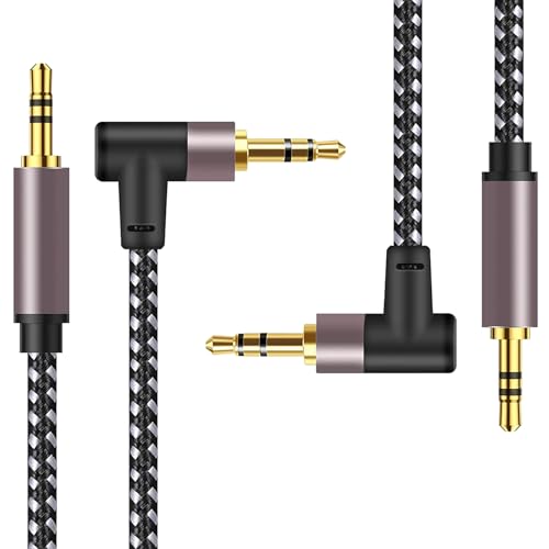 tunghey 2Pack 3.5mm Audio Cable Hi-Fi Sound Stereo Nylon Braided Male to Male Aux Cord 90 Degree Aux Cable Gold Plated Compatible with Tablets Headphone Speakers Home Car Stereos (0.3m)