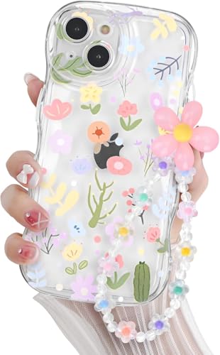 for iPhone 15 Cute Flower Case with Bracelet Chain, Colorful Curly Wave Clear TPU Case for Women Girls, Soft Shockproof Protective Cover with Lovely Floral Charm (6.1")