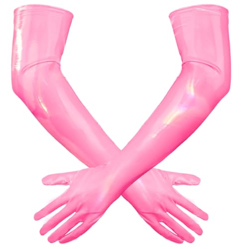 Adigau Gants Longs en Cuir Verni pour Femmes, Accessoires Gants Brillants Clubwear Wetlook pour Soirée Déguisement d'Halloween Rose M
