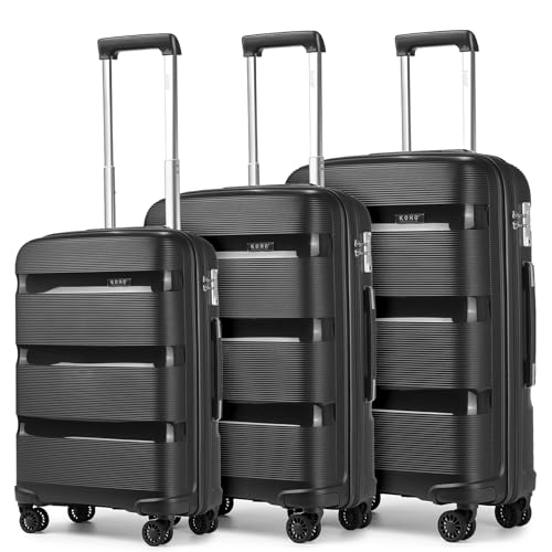 Image of Kono Luggage Set Hard Shell Travel Trolley with 4 Spinner Wheels TSA Combination Lock Lightweight Polypropylene Suitcase, Black, M-L-XL, Luggage Set