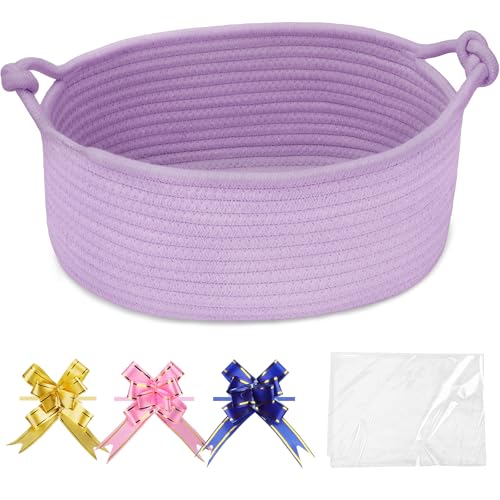 COMSE Gift Basket Empty Small Woven Basket with Gift Bags and Ribbons Nursery Bin to Fill with Small Items Baby Pet Toy Organizer Box 12 x 8 x 5 Solid Purple
