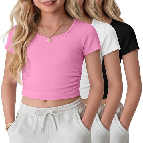 YooAurvox 3 Pack Girls Fitted Crop Tops Kids Short Sleeve Round Neck T Shirts Cute Summer Ruched Basic Tee 5-16 Years(Pink White Black 11-12 Years)