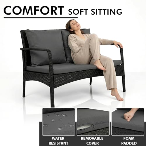 Image of BRISHI Outdoor Sofa Set || Balcony Sofa || Patio Furniture Sets || Indoor Sofa|| Wicker Rattan Garden Sofa Set with Cushion and Center Table, 4 Seater (Black & Grey)