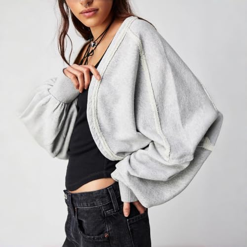Image of Womens Open Front Cardigan Batwing Sleeve Cropped Sweatshirt | Exposed Seam Details, Dramatic Batwing Sleeves, Oversized, Open-Front