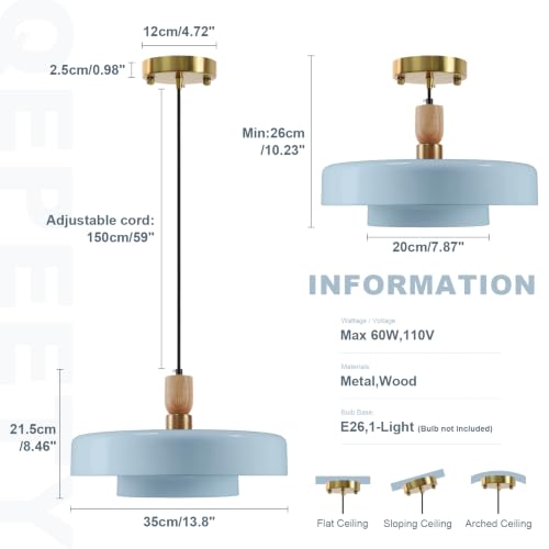 Image of Light Blue Pendant Light, Mid-Century Modern Wood Hanging Lamp | Adjustable 59 inch Cord, Fits Flat / Sloped Ceilings, E26 Socket, Ideal For Kitchens, Dining Rooms, Bedrooms, Living Rooms