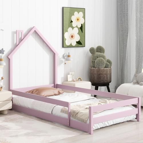 Dolonm Twin Size Montessori Toddler Floor Bed Frame, Modern House-Shaped Frame Headboard Bed with Fences, Pine Wood with Full-Length Guardrails, Bed for Girls Boys(without Slats), Pink