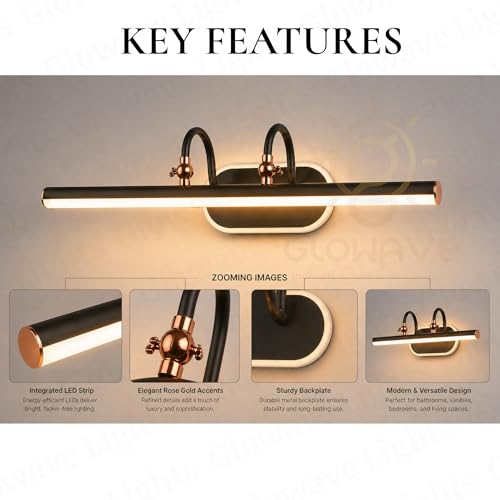 Image of Glowave Classic Metal Black Rose Gold LED Mirror Light Vanity Bathroom Picture Light - Tricolour (Warm White, White, Natural White) (575B /18+3W)