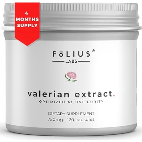 FOLIUS LABS Valerian Root 4:1 Extract Capsules 750mg – Optimized Active Purity – 4X Concentration Valerian Root Extract Supplement - Gluten Free, Non-GMO - Promotes Relaxation - 120 Capsules Cover